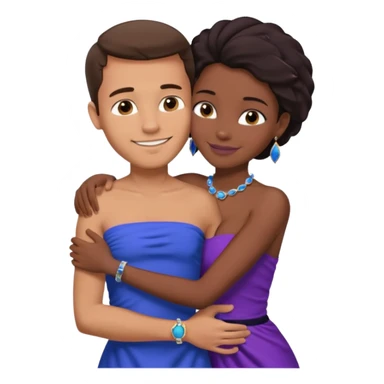Tan tall brunette European male in blue shirt smiling and hugging a jet black African girl in purple strapless dress and blue jewelry they are on a beach with blue ocean water and palm trees sticker