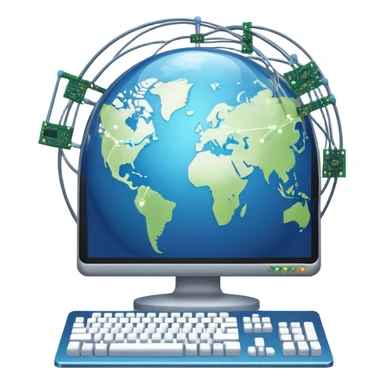 An icon featuring a computer monitor displaying code, a globe with network nodes, and a circuit board, symbolizing IT. The design includes data streams, cloud storage, and a keyboard, representing digital innovation, connectivity, and problem-solving. Transparent background sticker