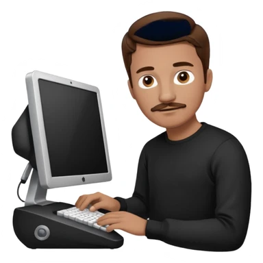  man with mustache, brown hair, 33years old, shirt, high temple Black pullover with a white shirt underneath and black fabric trousers work with couputer sticker