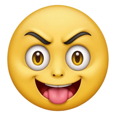 A yellow round face emoji smirking with its tounge out but the eyes are evil and kind of crazy and the eyebrows are turned in but one is raised  sticker