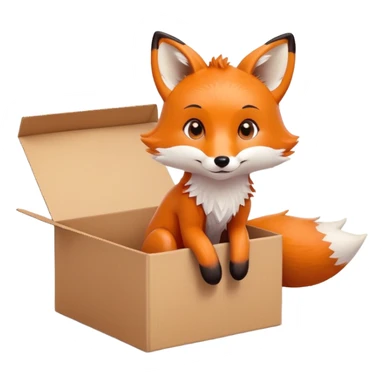 Cute fox sitting in a cardboard box with playful expression, kids toy aesthetic sticker