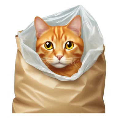 Orange cat with yellow eyes hiding inside of a plastic bag from up view sticker