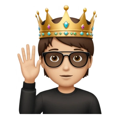 Un niño con cabello lacio no muy largo color marrón castaño,ojos marrones,piel no muy blanca, que tenga lentes de sol color negro,reloj en la mano derecha y una corona como sombrero sticker