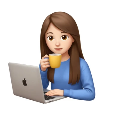 young woman 20 years old, long straight brown hair, wearing a sweater, drinking coffee and working on a laptop, 3D Apple emoji style, light yellow background sticker