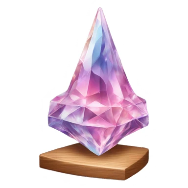 crystal sculpture witch hat with a geometric, faceted design. The hat is standing upright on a wooden stand with angular and baroque features. The vibrant midtone tints of pastels and pink highlights the sharp edges and planes.  sticker