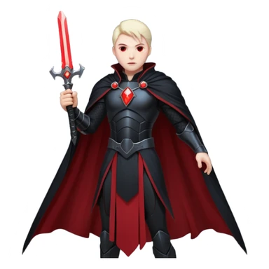 dark sci-fi villain human, black armor, long cape, glowing red energy sword, dramatic pose, 3D cartoon, mobile game icon style, clean background, no text sticker