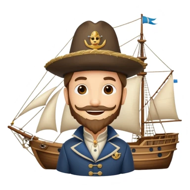 cartoonish Magellan with a feathered hat, standing next to a sailing ship, smiling, emoji style sticker