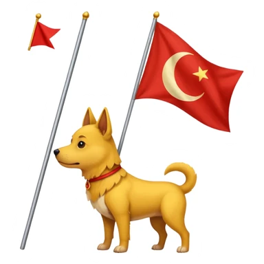 A triangular yellow flag and middle of that flag a red crescent moon within that a Red dog sticker