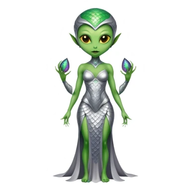 Green Alien woman with scales skin in silver dress, full figure, yellow eyes sticker