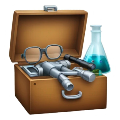 toolbox for scientist with a book, glasses, microscope sticker
