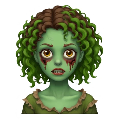 faça uma garota zombie, com a pele verde, cabelo castanho cacheado abaixo do ombro linda sticker