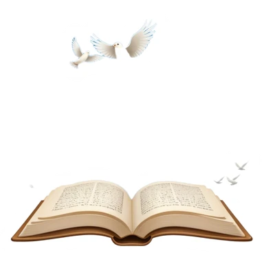 Icon for Poetry Reading: an open book with verses on the pages, from which fly pages transforming into a large flock of small white birds soaring into the blue sky. The icon should evoke the freedom and beauty of poetry. Transparent background. sticker