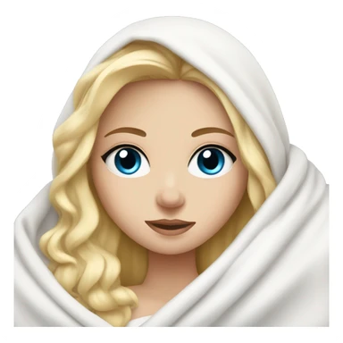 Pretty white blonde girl with blue eyes wrapped in white blanket in bed sticker