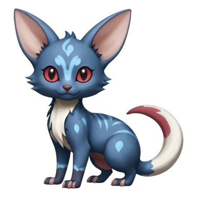 Dark Brown-Oily deep-blue-glittery Minccino-Lykoi-Emolga-Sphynx-Linoone-Zangoose-fusion-hybrid-animal-Fakémon-creature, full body, thin long sleek scaly tail, rounded ears, with intricate markings sticker
