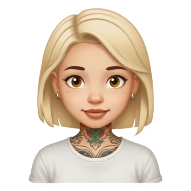 girl with small face tattoos, cheerful expression, wearing a shirt sticker