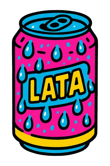 a can of ice-cold pink soda labeled 'Lata', condensation droplets, vibrant, fun, pop style sticker