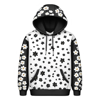 The BLACK Denim Tears Hoodie features a black base with distinctive black and white flowers. Each flower has a white outer ring with an empty space in the middle, creating a hollow, open design. These patterns are scattered across the hoodie for a bold and unique look. sticker