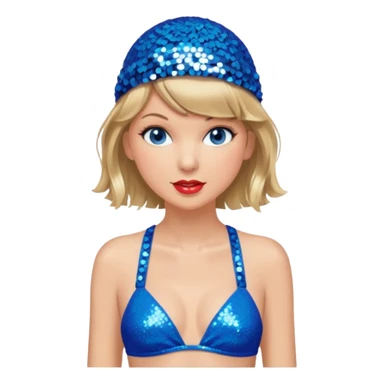 Taylor Swift wearing a blue bathing suit with sparkly sequin straps. She is also wearing a sequin blue swim cap with a sequin strap going under her chin. She has a blue tinsel boa draped over her shoulders. sticker