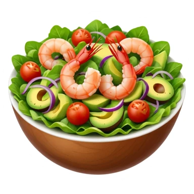emoji of a composed salad with shrimp, avocado, cherry tomatoes, green salad leaves, and red onion, inspired by a photo, classic emoji style, bright colors, appetizing presentation sticker
