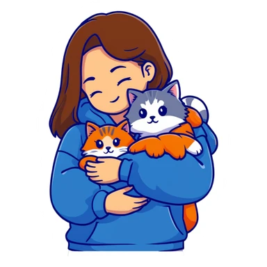 Brunette girl with dark blue sweatshirt snuggling a fluffy grey Siberian cat sticker