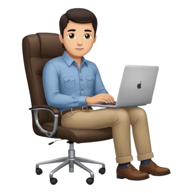 Rich man working on a chair at office in shirt, dark hair, and near the desk with laptop he is german very beautiful looks like, full body view sticker
