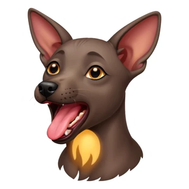 Cinematic Cute Yawning Xoloitzcuintle dog Portrait Emoji, Head tilted slightly with a dramatic, wide-open yawn, showcasing smooth, hairless ebony skin with gently relaxed wrinkles and floppy ears slightly drooping, round dark eyes barely open in drowsy contentment, Simplified yet irresistibly adorable features, highly detailed, glowing with a soft, cozy glow, high shine, relaxed yet expressive, stylized with a touch of whimsy, bright and endearing, soft glowing outline, capturing the essence of a sleepy yet affectionate guardian, so drowsy it feels like it could stretch out of the screen and curl up for a nap! sticker