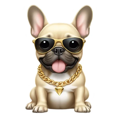 Beige French bulldog with a gold tooth and dark sunglasses wearing golden diamond chains sticker