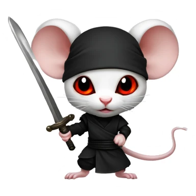 Albino rat red eyes wearing a headband, black ninja costume, dramatic pose, holding sword sticker