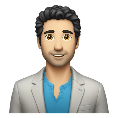 30 year old man, caucasian, black hair, blue eyes, blazer, t-shirt sticker