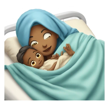 A mother lying on a hospital bed, cradling her newborn baby wrapped in a soft blue swaddle blanket.






 sticker