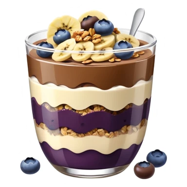 Açai bowl in a clear cup with layers of biscof , nutlella, granola, condensed milk and banana sliced and blueberrys on top sticker