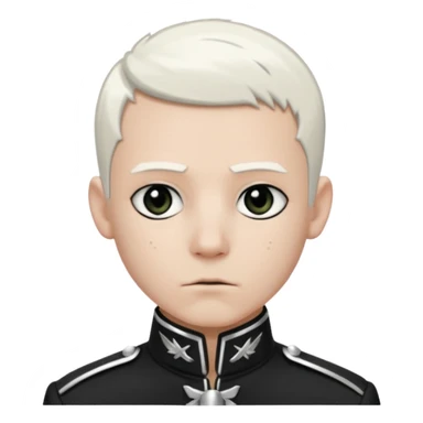 Head and shoulders emoji of a pale man with short white hair, wearing a black marching band jacket with silver trim. black eyeliner. Expression stoic, commanding, and theatrical, heroic emo style sticker
