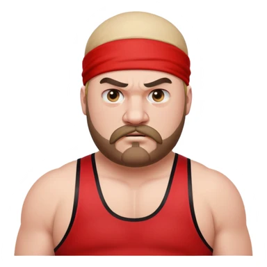 Close-up of extremely fat white skin guy with young face, beard and mustache, no muscle with prominent black durag, black eyes in a red and black wrestling singlet with angry face sticker