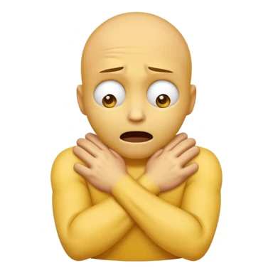 Yellow face emoji strangling itself with 2 arms crossed and hands saround neck and eyes looking up in fear sticker