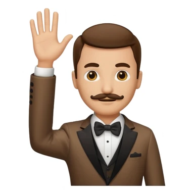 person raising hand emoji, wearing a brown tuxedo, with a short but tall mustache sticker
