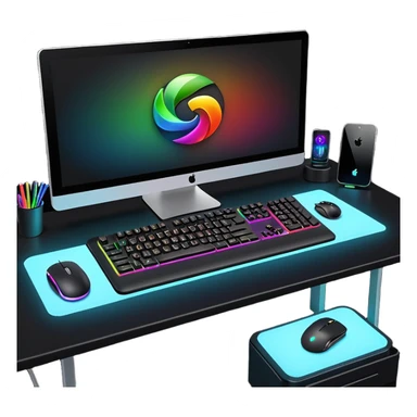 rgb gaming computer on black desk with a black keyboard and mouse sticker