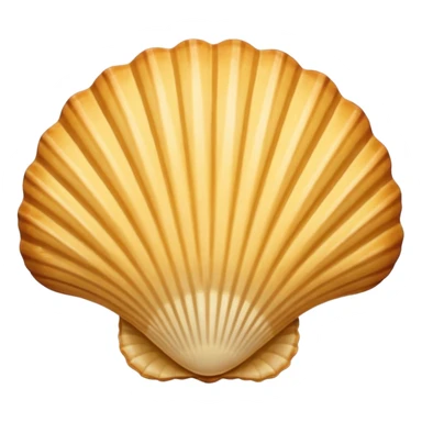 A madeleine pastry. Scalloped seashell shape with four to five vertical lines going in the same direction. Light golden brown. Scalloped edge. Cookie. Flat. Long. sticker