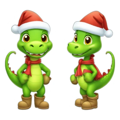happy little green cartoon dragon of child, in winter, in work pants, in work clothes, in winter boots, in a Santa Claus hat, New Year, with presents sticker