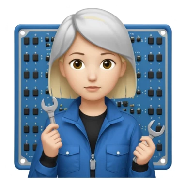 Calm and independent female engineer, fair skin, short straight blonde hair tucked behind the ears, neutral but focused expression, wearing a fitted blue utility jacket over a black crew-neck top, holding a small wrench in one hand and a circuit board in the other, waist-up, front-facing sticker