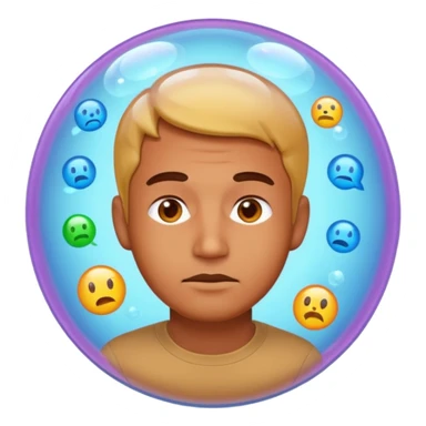 Realistic emoji-style man trapped inside a glowing filter bubble. The bubble contains identical social media icons and repeating content symbols. Outside the bubble are colorful diverse icons he cannot see. The man looks comfortable but unaware, expressing narrow perspective. sticker