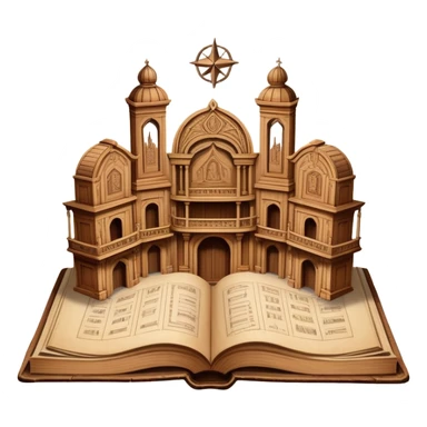 Ancient book with pages open wide displaying multiple theatrical set sketches, perspective drawings of stage designs, backdrop illustrations with Puerto Rican symbols integrated, wooden cover edges sticker