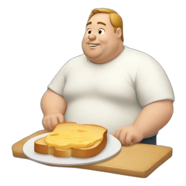 a fat man eating a slice of bread with a white sauce sticker