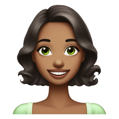 beautiful girl with high cheek bones orange blush, long straight shiny dark brown hair, big green eyes and big pale pink lips. Long thick eyelashes. Wearing a cream bustier.  She is laughing sticker