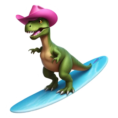 T-rex riding a surfboard with a pink cowboy hat on sticker