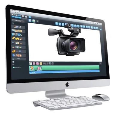 Create an emoji of video editing. Should feature a video editing timeline or interface on a computer screen, showing clips and a playhead. Include a video camera and editing tools. No smiley faces. Make the background transparent. sticker