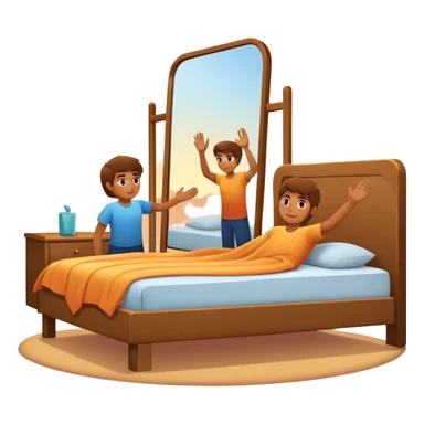 A person stands beside their bed, rolling out groggily with determination. The bed behind them is neatly made, a mirror in front of them shows them high-fiving their reflection. A glowing sunrise outside signals the start of a productive day. sticker
