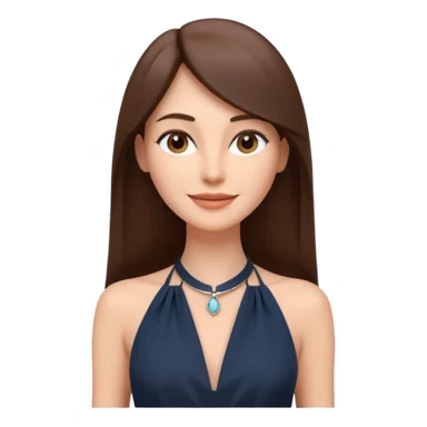 emoji-style illustration of a stylish pretty happpy woman with long straight brown hair, wearing a dark halter neck dress, elegant and minimalistic look, front-facing, soft 3D cartoon rendering, plain background sticker