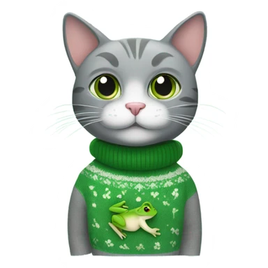 grey cat with green frog sweater sticker