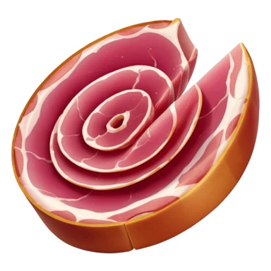 cured ham slices thin folded two to three, deep pink to reddish, marbled with white fat, smooth, slightly translucent, soft curls at edges, tender air-dried, apple emoji style, soft lighting, emoji scale sticker