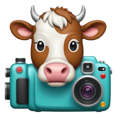Emoji-style icon showing a cow and buffalo with a camera and image-upload symbol, representing taking a photo or selecting a file for breed detection. Simple, friendly, rounded design, clear at small sizes, teal and white accents, no text, transparent background. sticker